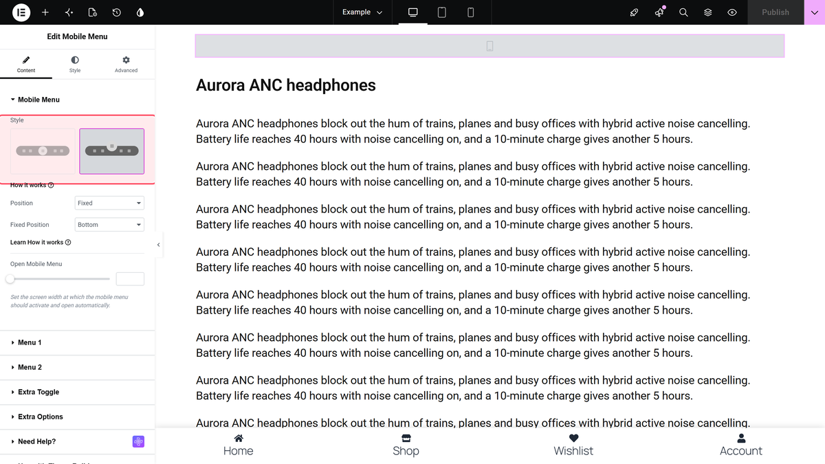 Style 2 selected in the mobile menu section, with the split menu bar at the bottom of the canvas