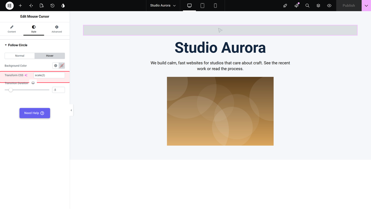 Hover tab of the follow circle style section with the transform css field