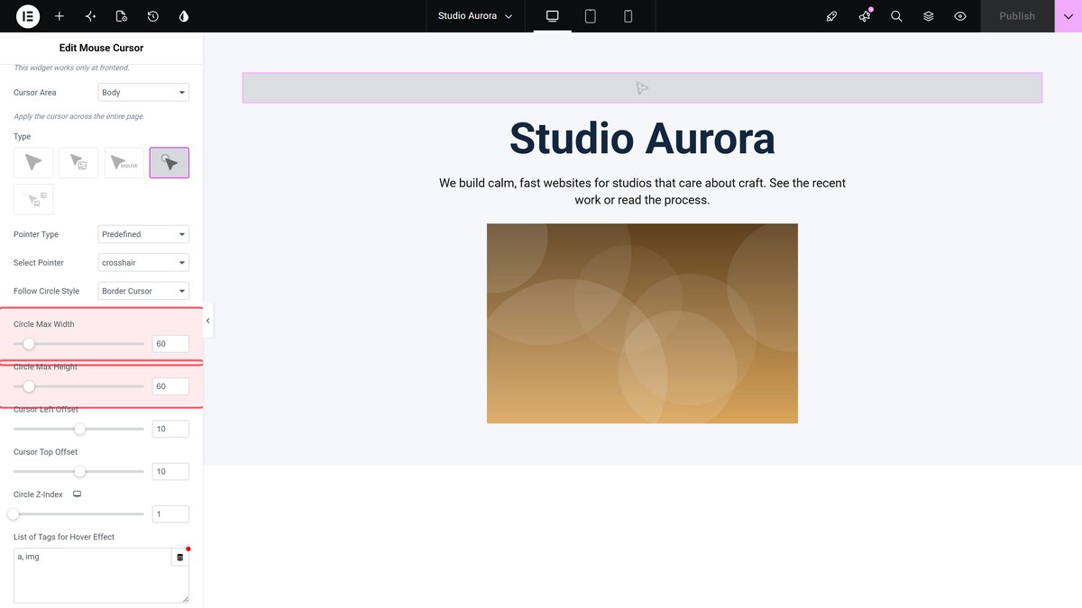 Circle max width and circle max height sliders in the mouse cursor widget