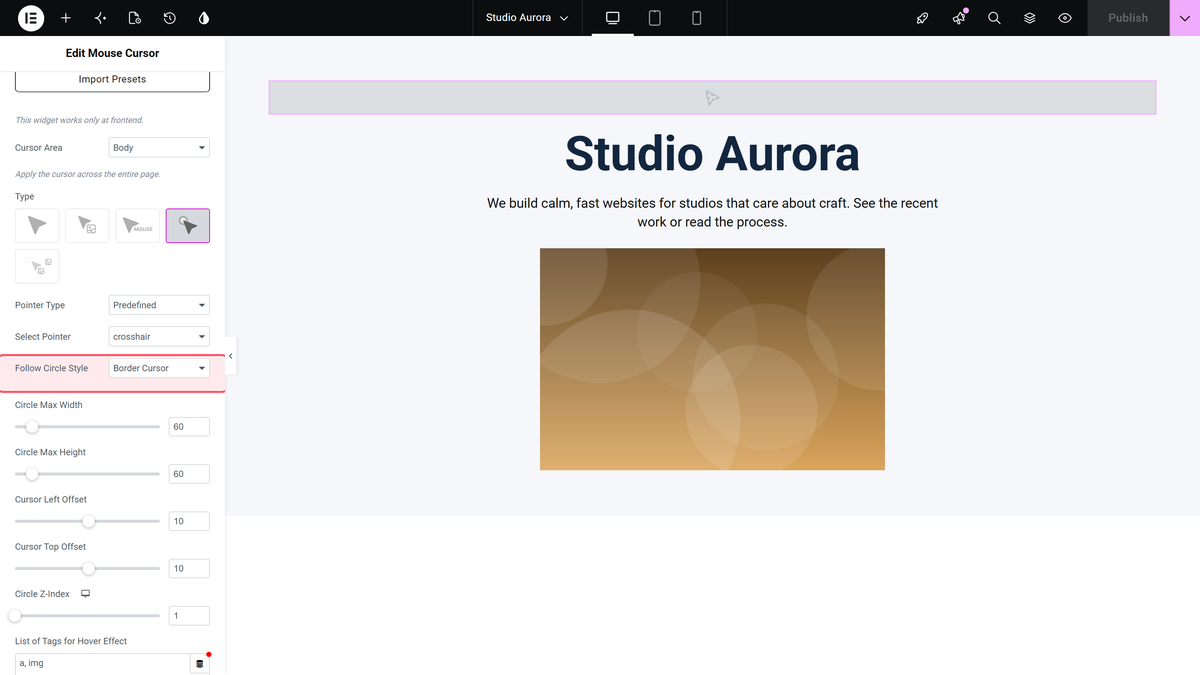 Follow circle style dropdown showing border cursor, progress cursor (body) and blend cursor