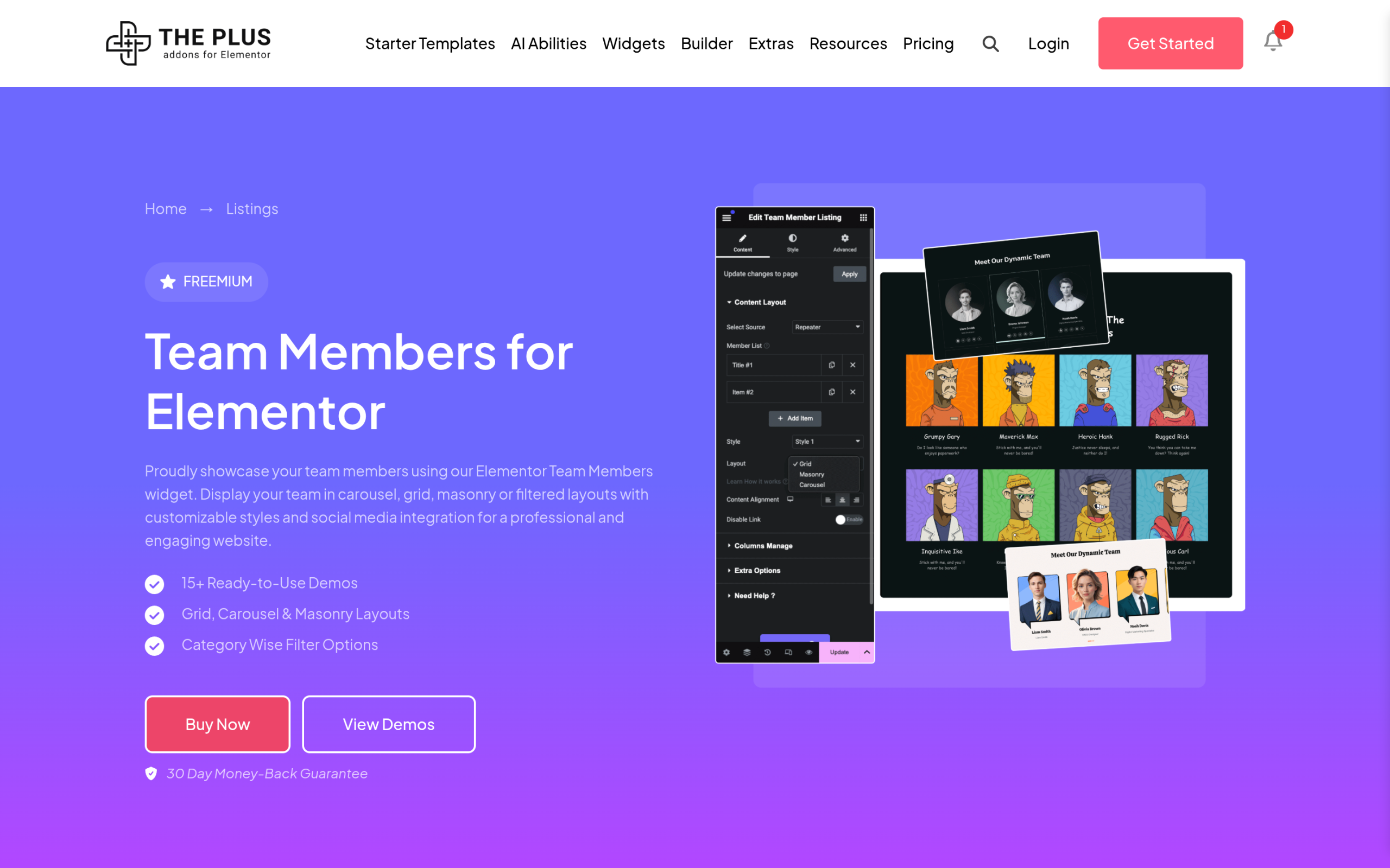 How to Add a Team Member Widget in Elementor (Bio Cards, Social Links, Photos) The plus addons for elementor team member widget demo page showing grid masonry and carousel layouts