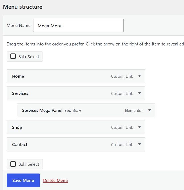 How to Create a Mega Menu in Elementor? A plus mega menu panel nested under the services custom link in appearance > menus