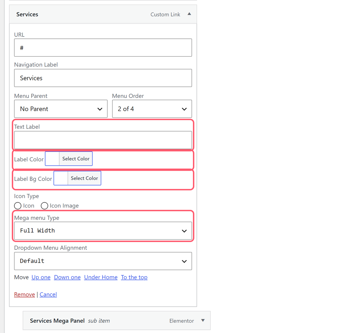 How to Create a Mega Menu in Elementor? Text label, label color, label bg color and mega menu type on a menu item
