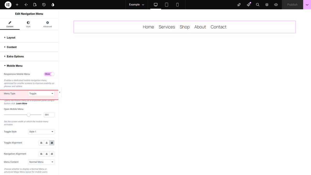 Navigation Menu Widget Settings Overview Mobile menu type and open mobile menu in the mobile menu section