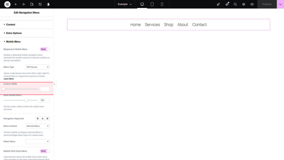 How to Create an Off Canvas Mobile Menu in Elementor? Custom width for the off canvas panel in the mobile menu section