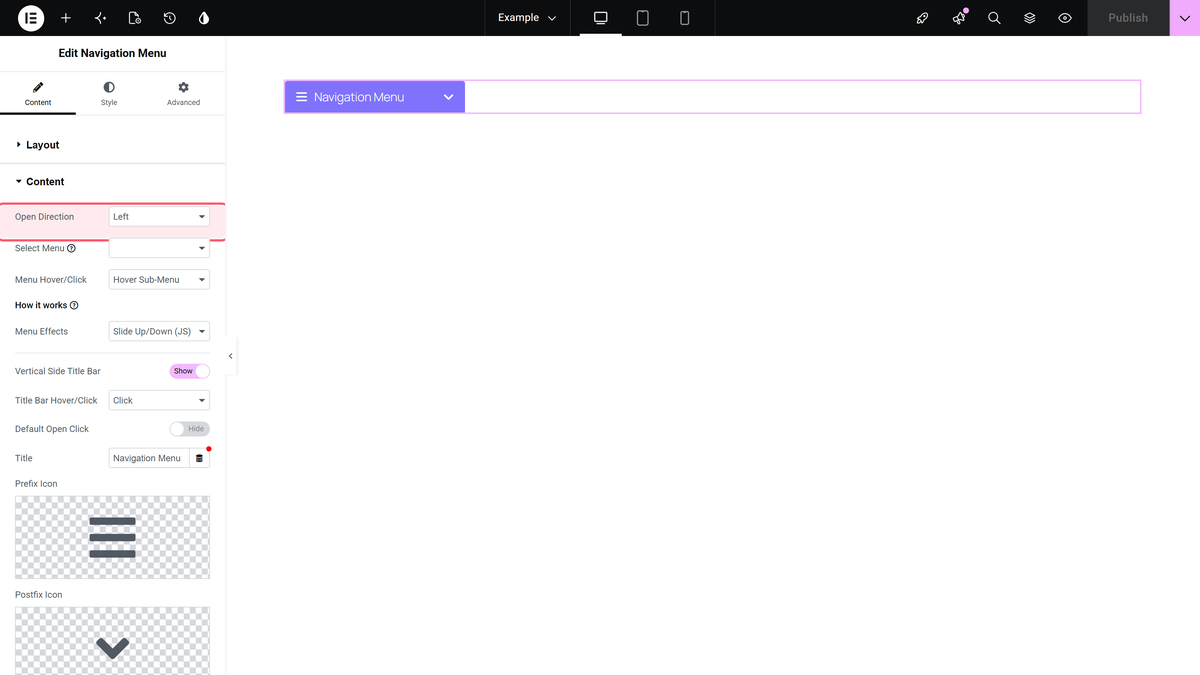 Open direction in the content section of a vertical side menu
