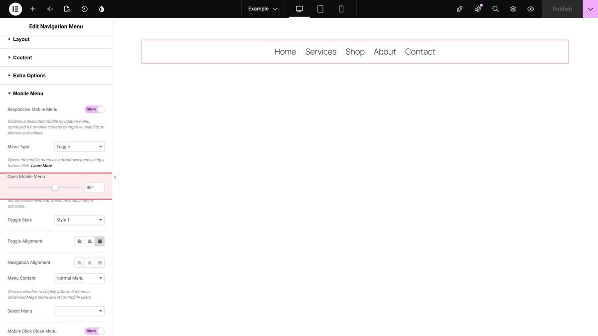 How to Create a Toggle Menu for Mobile in Elementor? Open mobile menu set to 991px in the mobile menu section