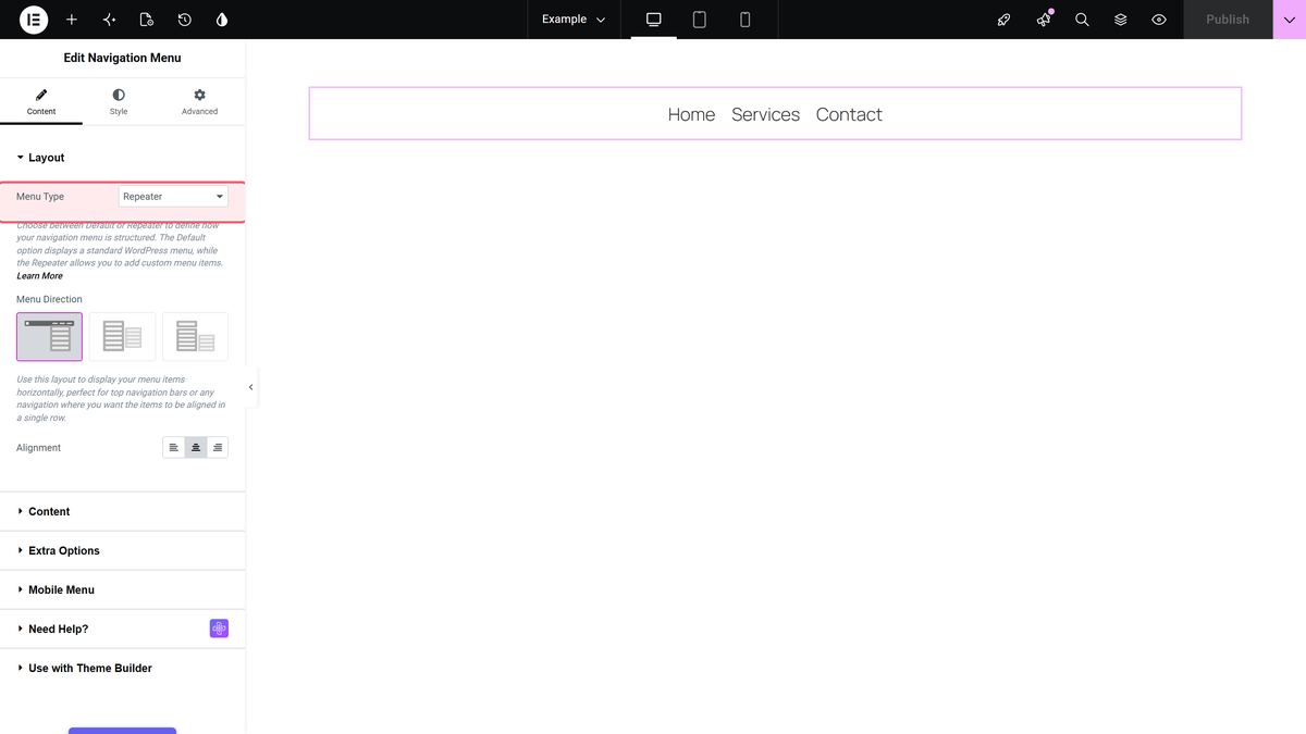 How to Create a Menu With Repeater in Elementor? Menu type set to repeater in the layout section