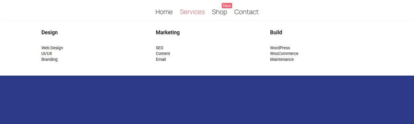 How to Create a Mega Menu in Elementor? A full-width mega menu panel with three columns, and a new label on shop