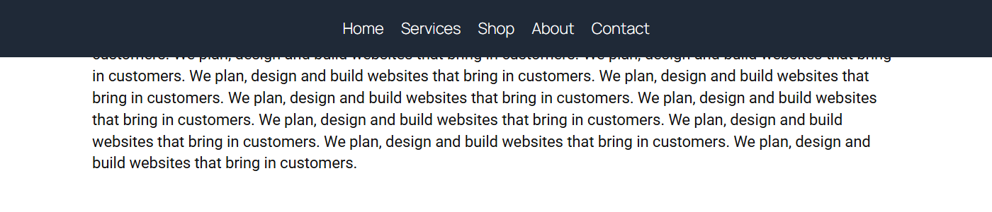 The header after scrolling, with a dark sticky background and white menu text