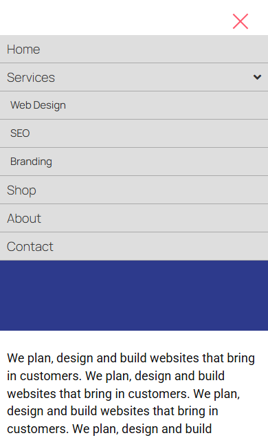 How to Create a Toggle Menu for Mobile in Elementor? The toggle menu open on a phone, with the services submenu expanded