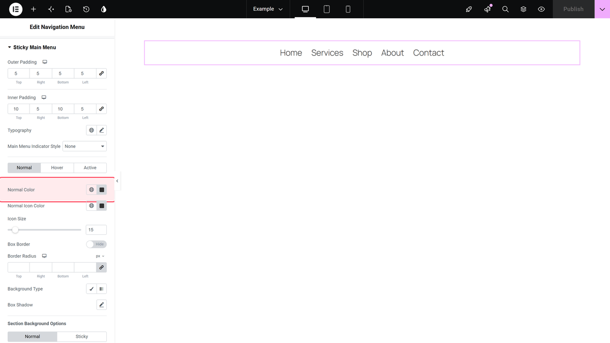 Normal color in style > sticky main menu, used while the header is stuck
