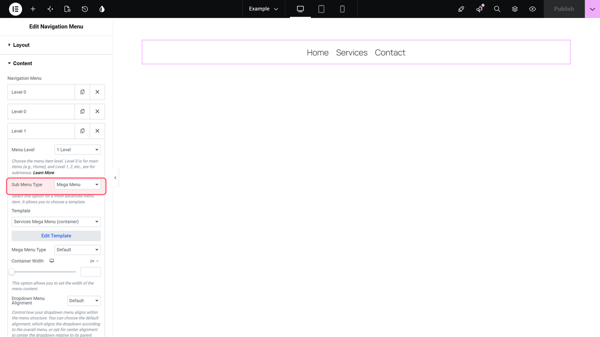 How to Create a Menu With Repeater in Elementor? Sub menu type set to mega menu on a 1 level row, with a template chosen