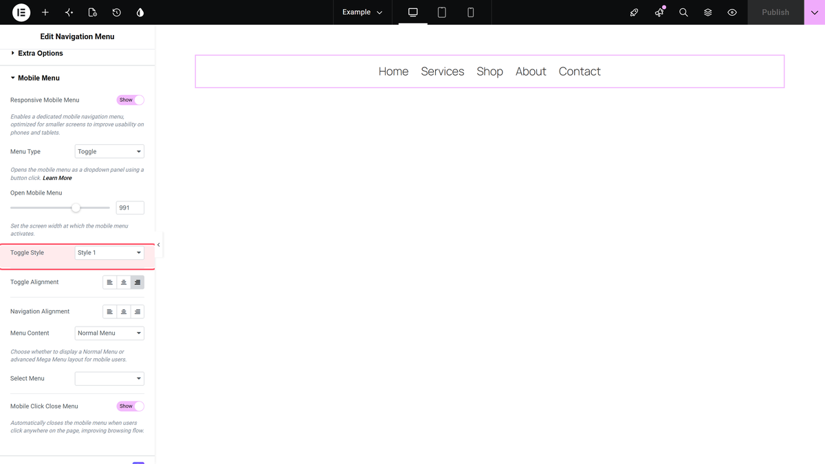How to Create a Toggle Menu for Mobile in Elementor? The toggle style dropdown