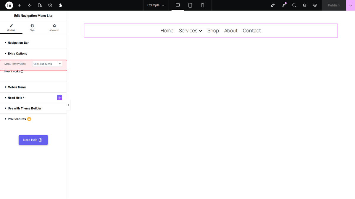 The extra options section of navigation menu lite with menu hover/click set to click sub-menu