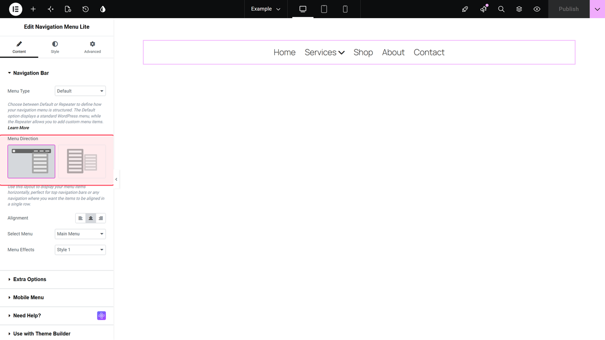Menu direction shown as two picture options, horizontal on the left and vertical on the right, with main menu chosen in select menu