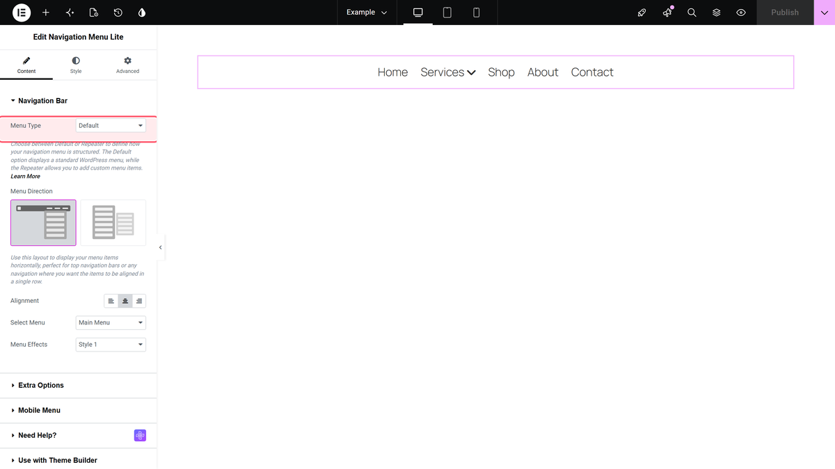 Elementor editor with navigation menu lite selected and the menu type control set to default in the navigation bar section