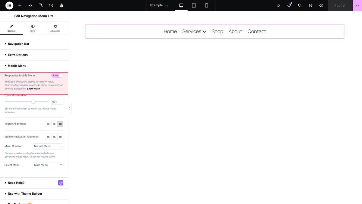 How to Create an Elementor Hamburger Toggle Menu for Mobile for Free? The mobile menu section of navigation menu lite with responsive mobile menu set to show and open mobile menu at 991