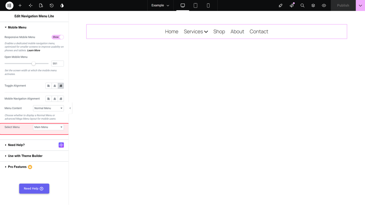 How to Create an Elementor Hamburger Toggle Menu for Mobile for Free? The select menu control inside the mobile menu section, set to main menu