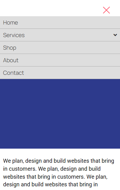 How to Create an Elementor Hamburger Toggle Menu for Mobile for Free? A 390 pixel wide page with the menu open under the toggle, listing home, services, shop, about and contact