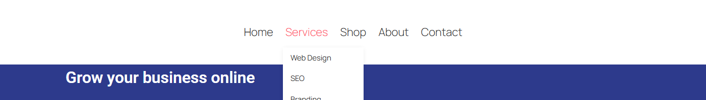 Horizontal navigation menu with a services dropdown open on the front end