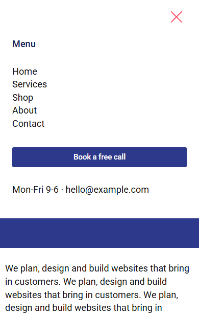 How to Create an Elementor Hamburger Toggle Menu for Mobile for Free? The mobile panel showing an elementor template with a menu heading, five links, a book a free call button and contact details
