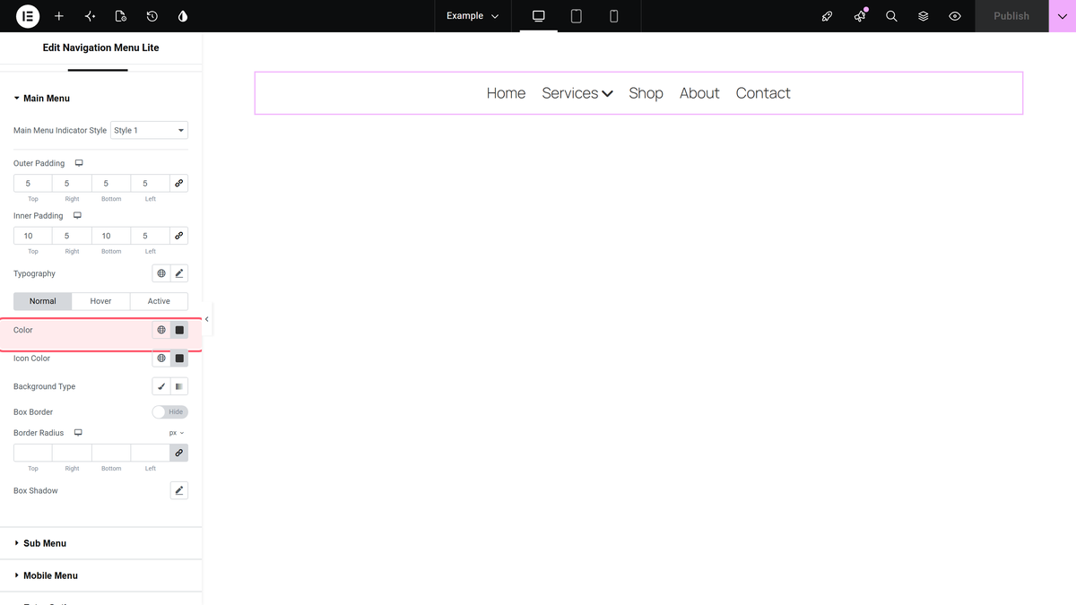 Navigation menu lite widget styling a horizontal menu inside the elementor editor