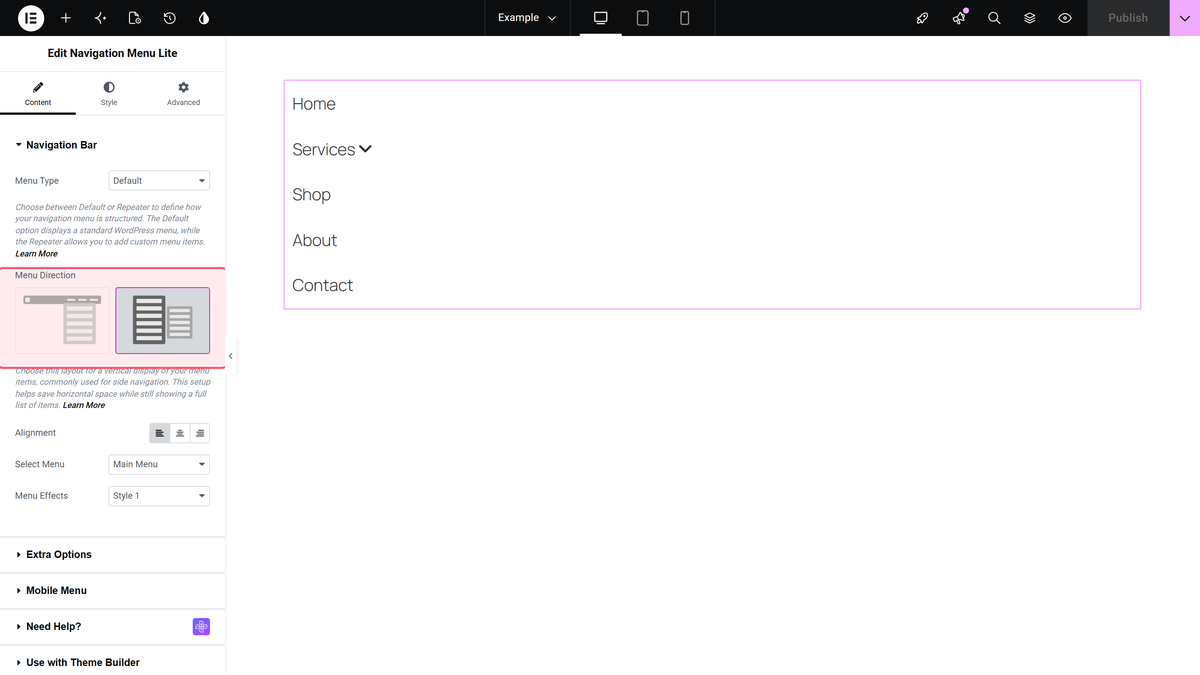 Navigation menu lite in the elementor editor with the second menu direction picture selected and the canvas showing home, services, shop, about and contact stacked
