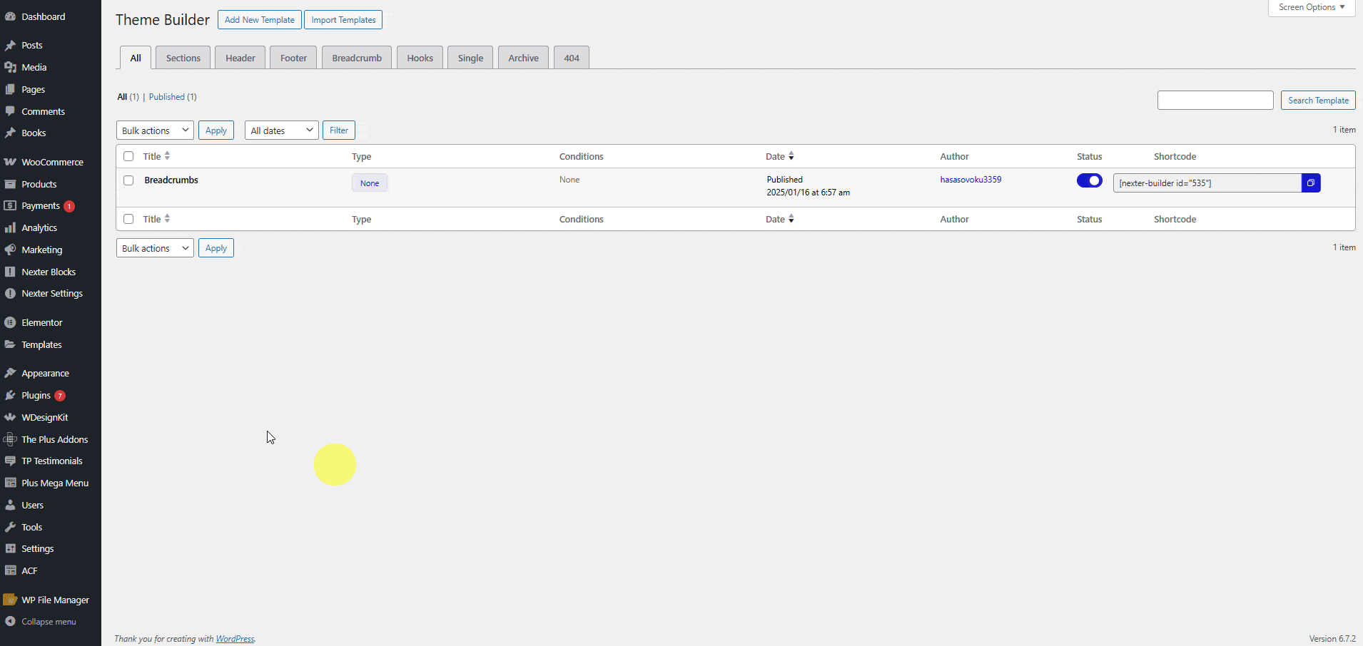 Nexter extension theme builder screen with header, footer, breadcrumb, hooks, single, archive and 404 tabs