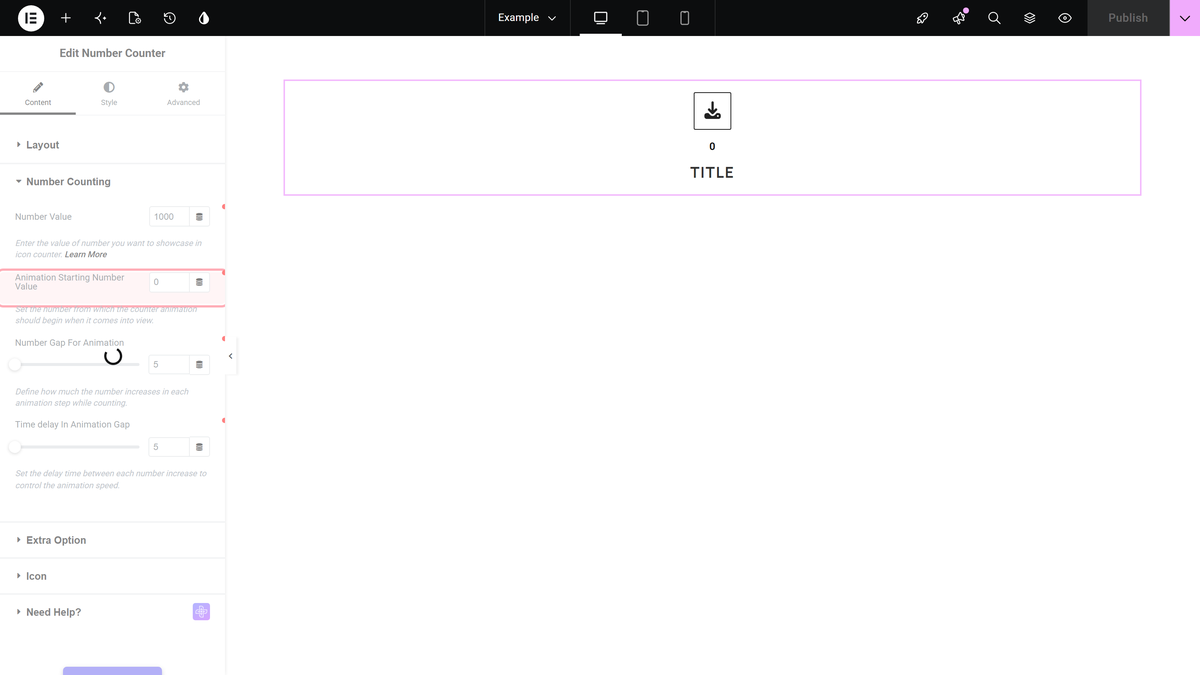 Number Counter: Settings Overview Animation starting number value field