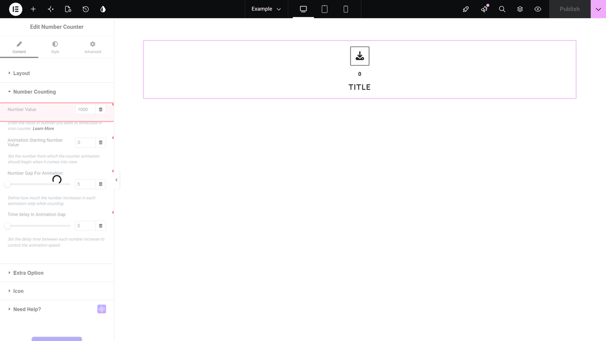 Number Counter: Settings Overview Number value field under number counting