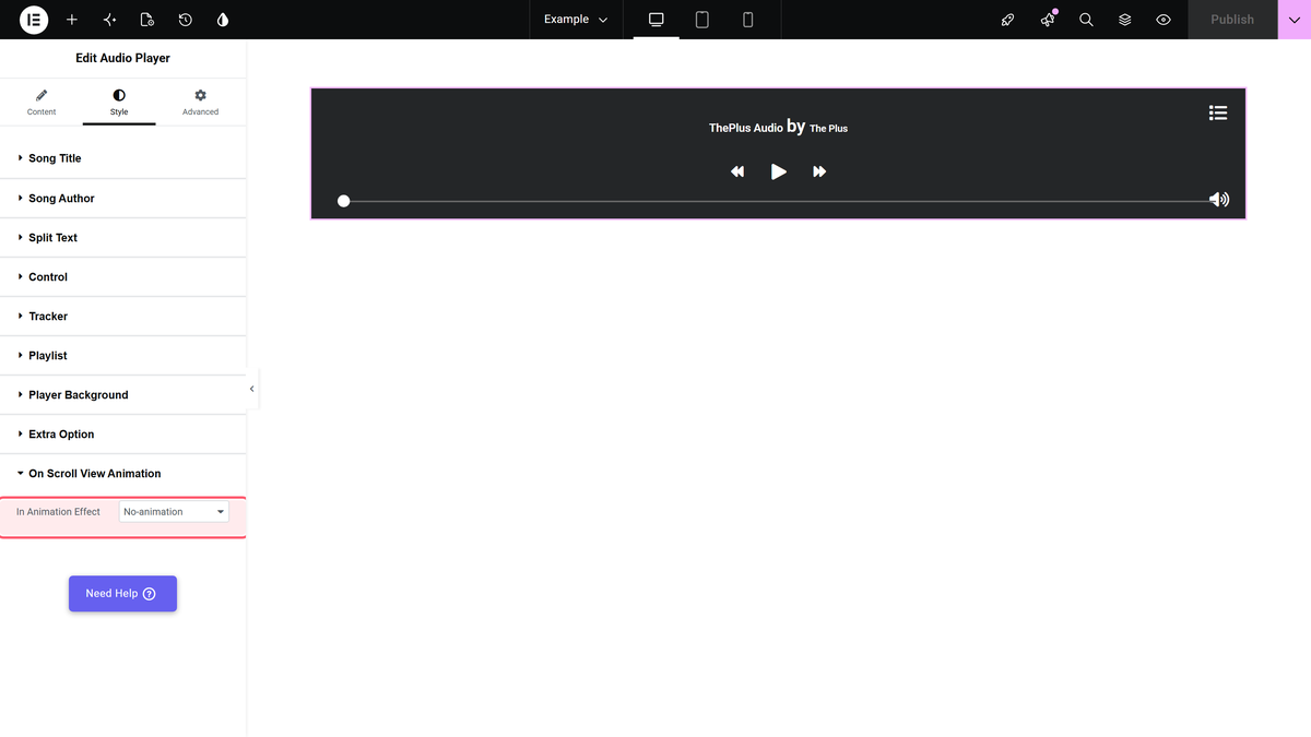 On Scroll View Animation: Settings Overview The on scroll view animation section under a widget's style tab, with in animation effect open.