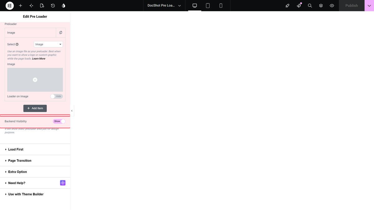 How to Add Custom CSS Preloader Animations in Elementor? The pre loader widget in the elementor editor with the preloader item open and the select dropdown showing the preloader types
