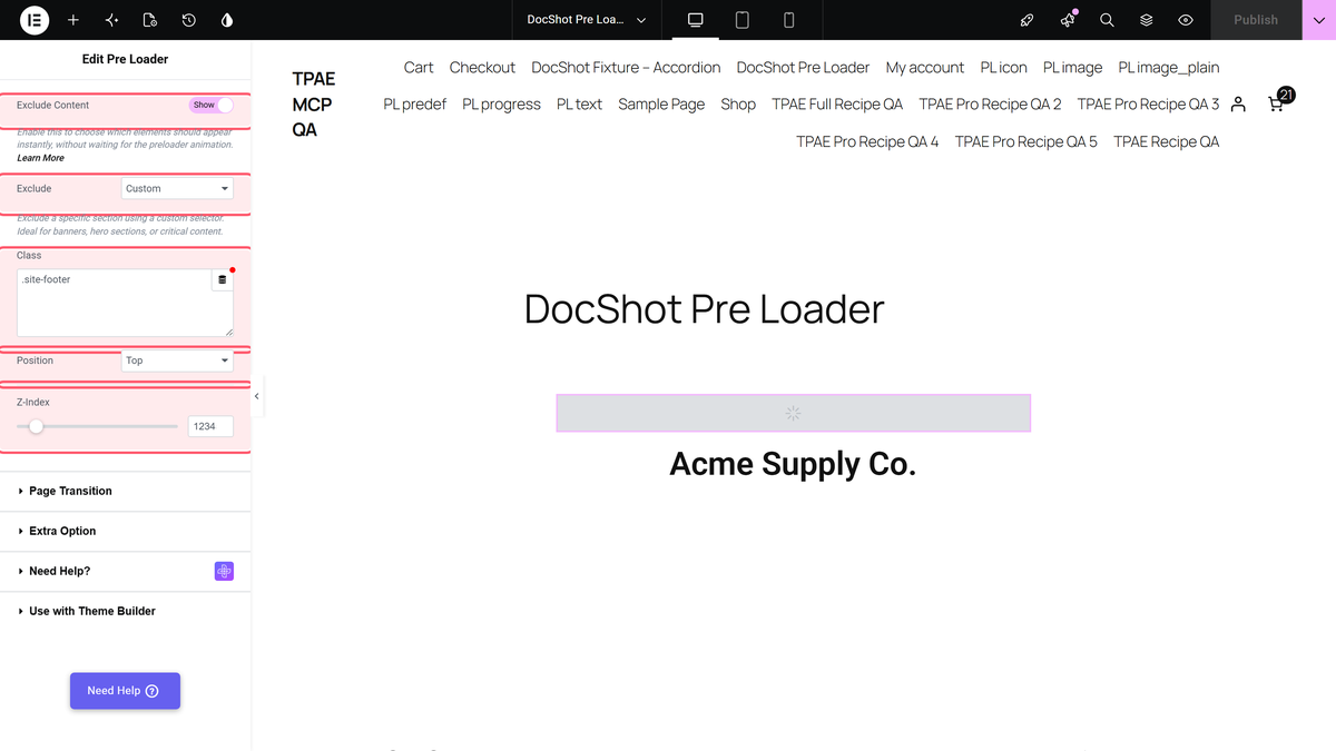 How to Exclude a Content From a Preloader in Elementor? The load first section of the pre loader widget with exclude content on and exclude set to custom, showing the class, position and z-index fields