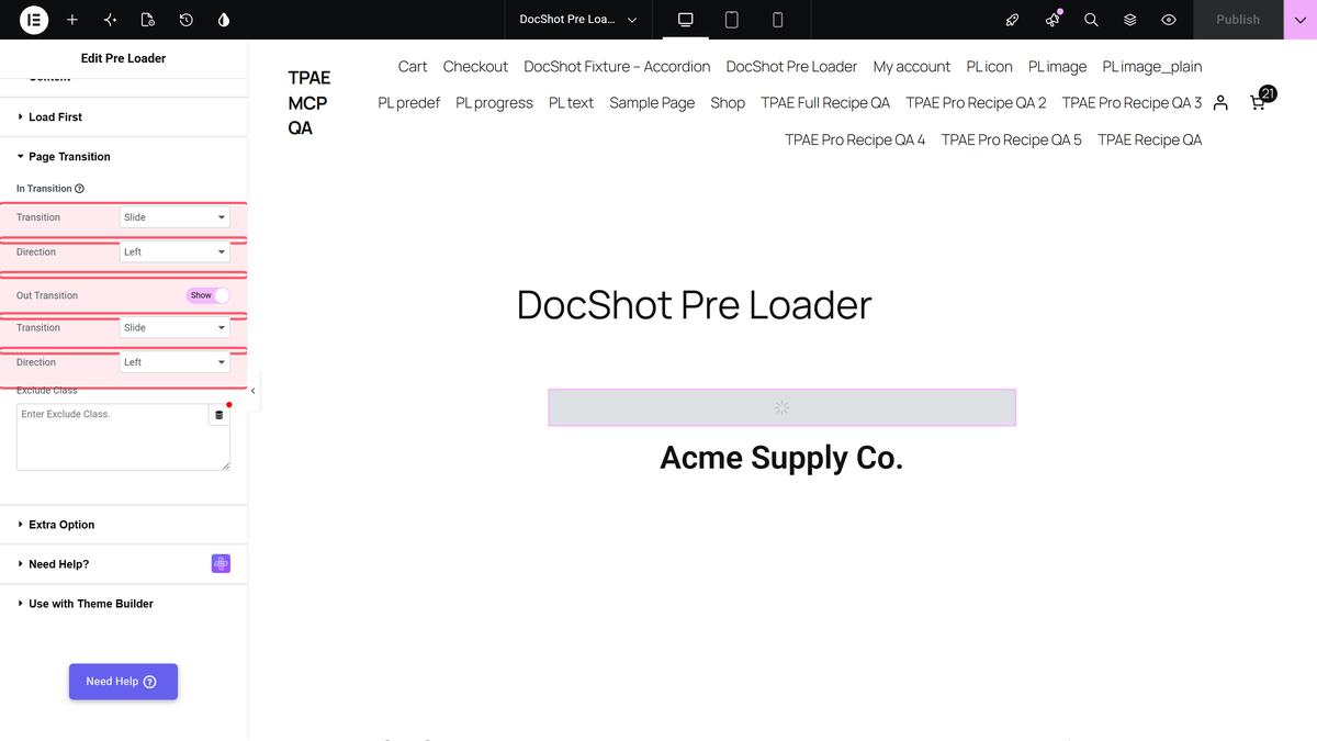 The page transition section of the pre loader widget with out transition switched on and its own transition and direction dropdowns