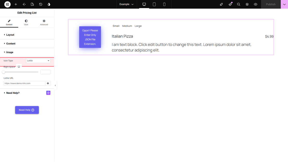 Icon type control set to lottie