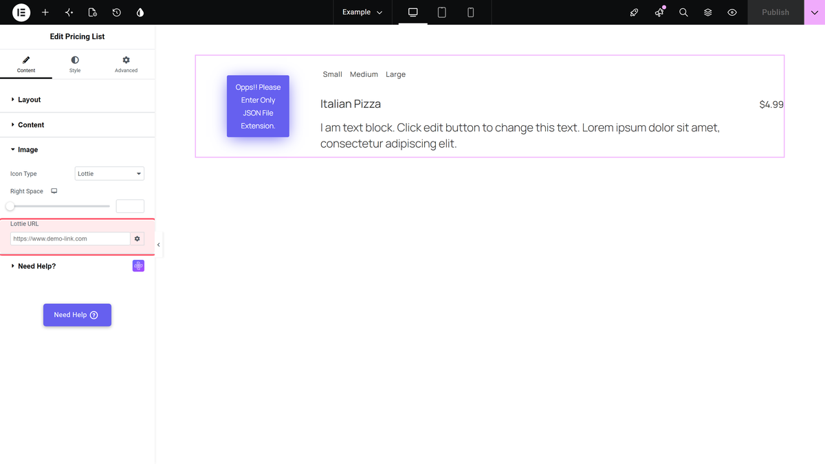 Lottie url field with a lottie json link pasted in