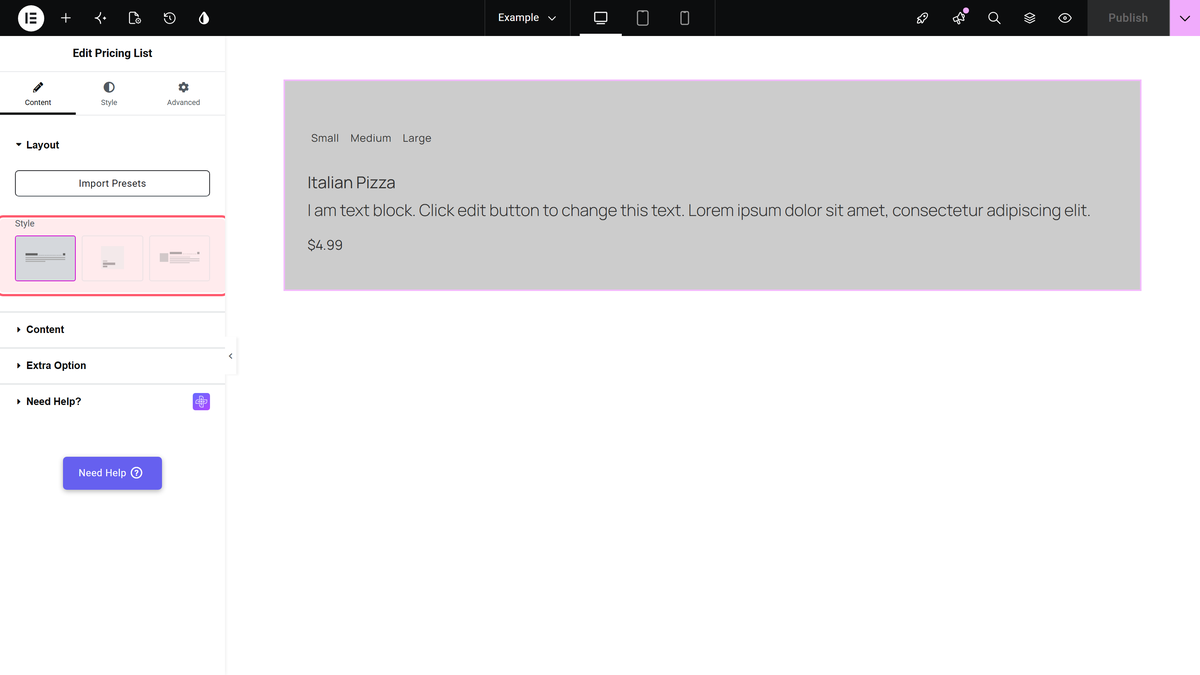 Style control showing modern, simple and classic options