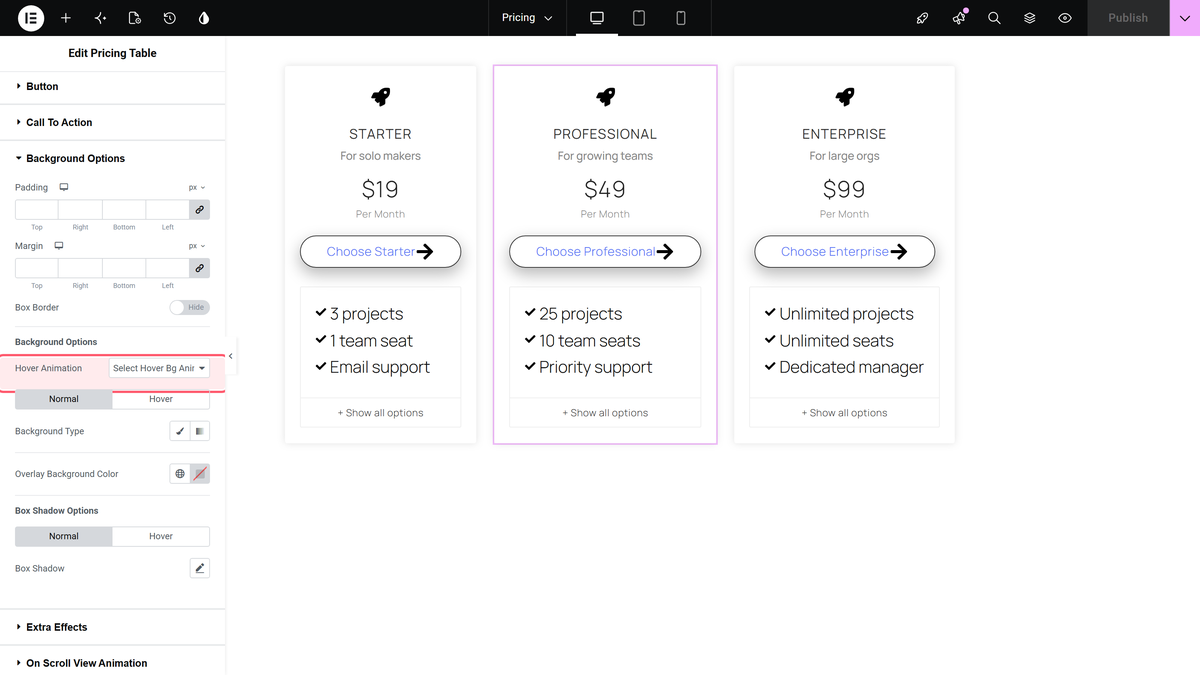 Background options section of the style tab with hover animation outlined