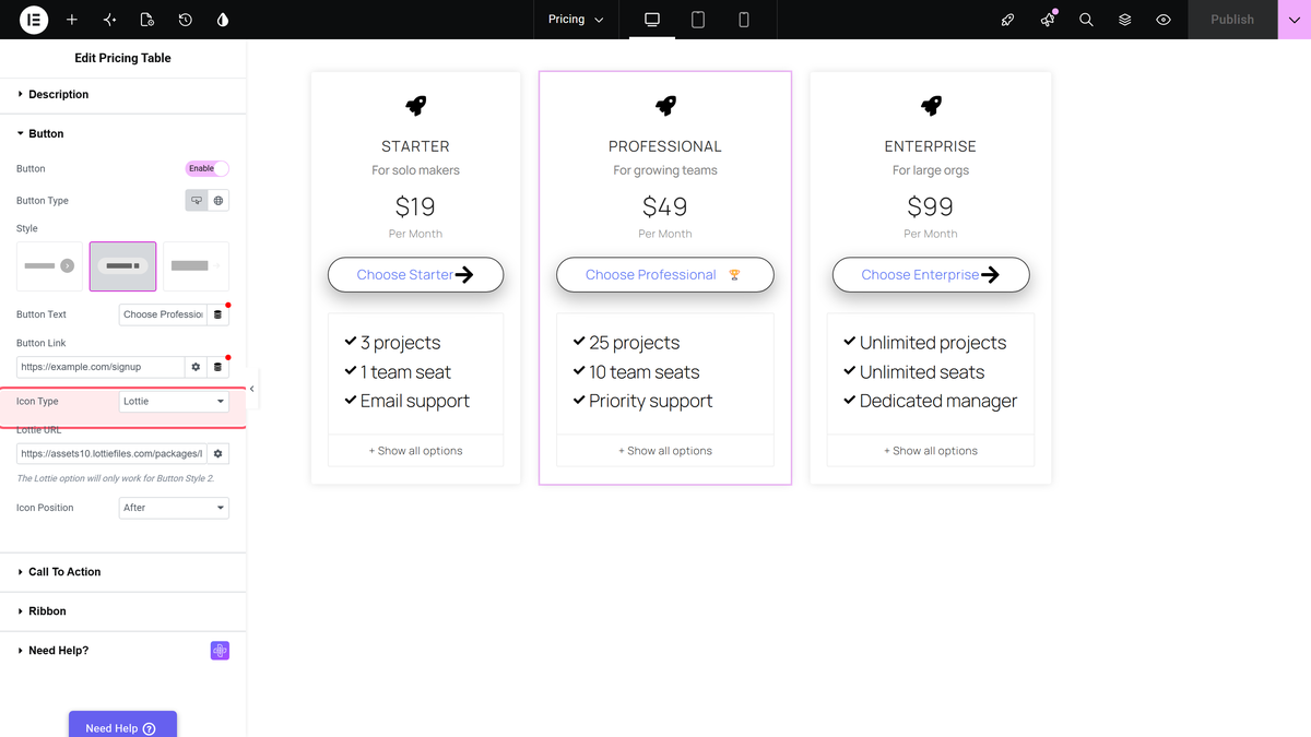 Icon type set to lottie in the button section of the pricing table widget