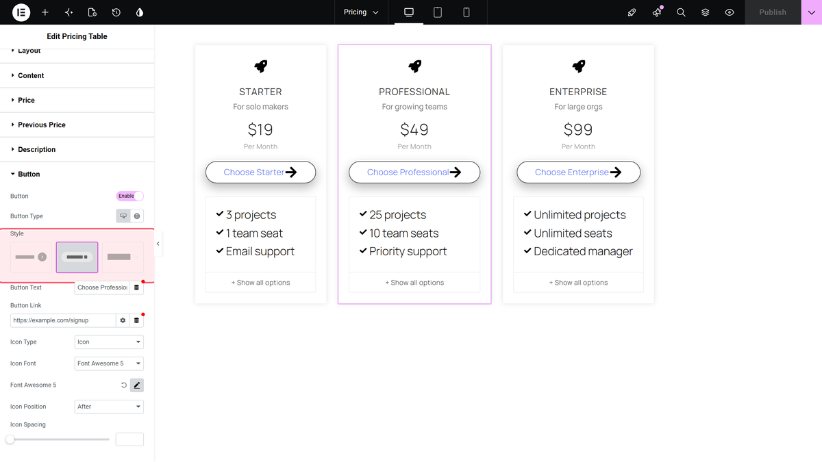 Button style picker showing style 1 (pro), style 2 and style 3 (pro)