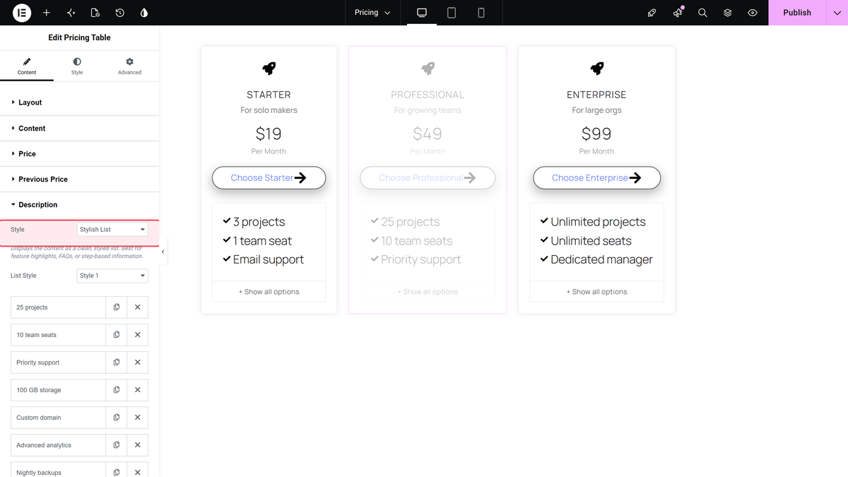 Description section with the style dropdown outlined, set to stylish list
