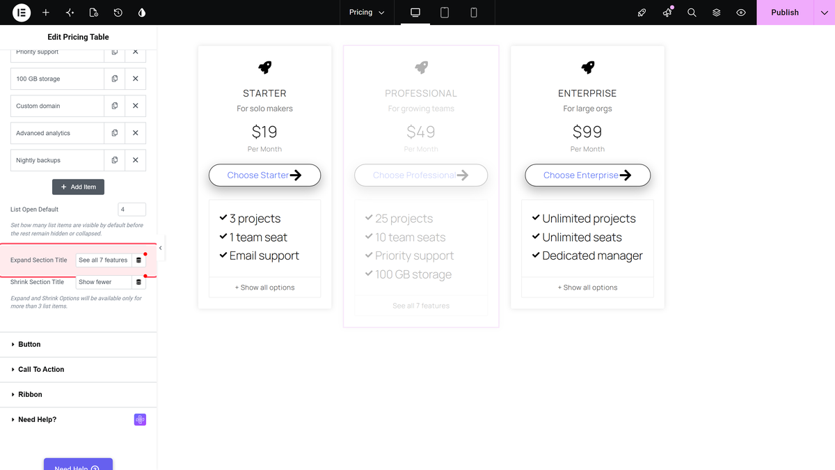 How to Add Show More Button for Features in Elementor Pricing Table? Expand section title and shrink section title fields with custom wording