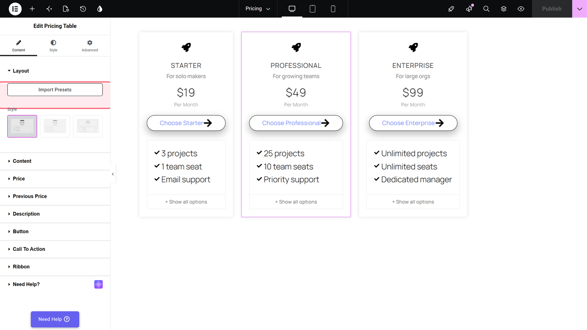 Import presets button at the top of the layout section