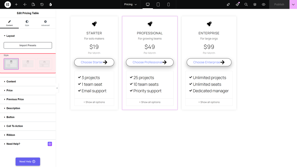 Layout section of the pricing table widget with the style picker outlined and three pricing cards on the canvas
