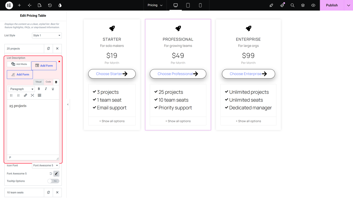 A stylish list repeater row open, showing list description, icon font and icon library