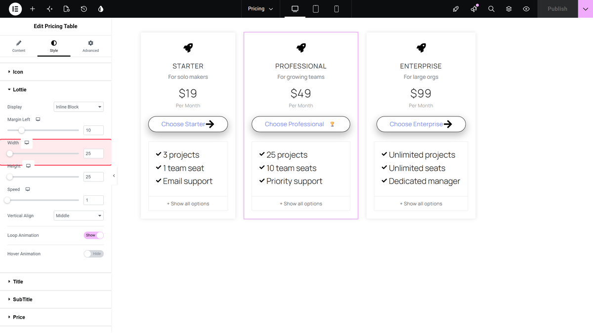 Style tab lottie section with width, height, speed and the loop and hover switches