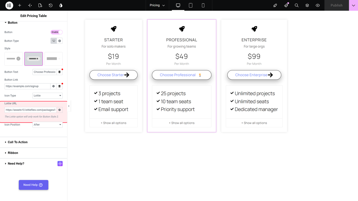 Lottie url field filled in with the animation's json link