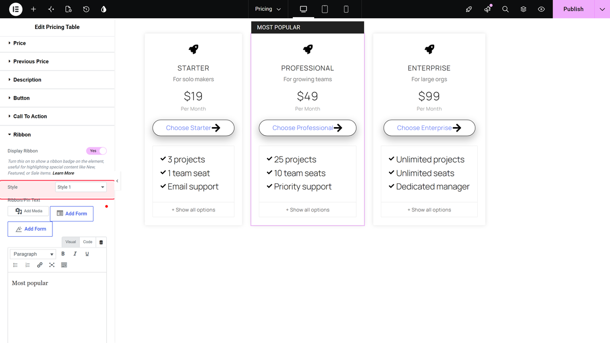 Ribbon style dropdown showing style 1, style 2 (pro) and style 3 (pro)