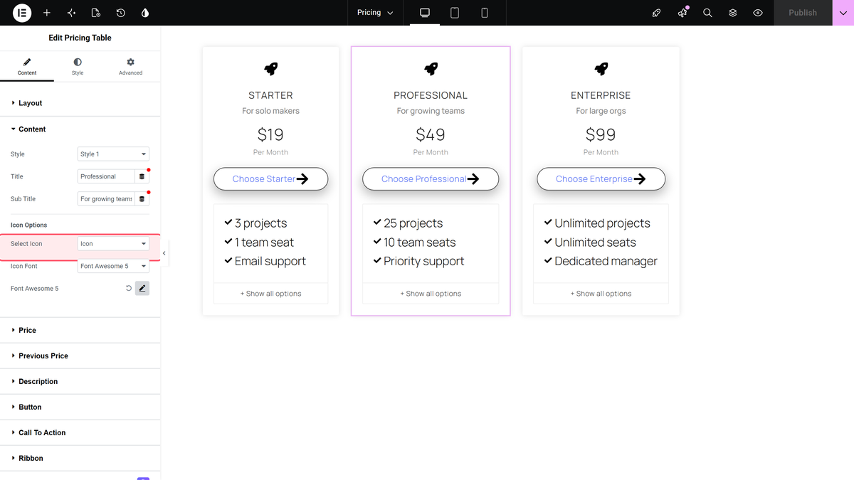 Content section with select icon outlined, offering icon, image and svg (pro)